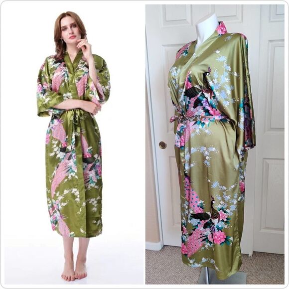 Applesauce green satin peacock floral kimono robe - Picture 2 of 10